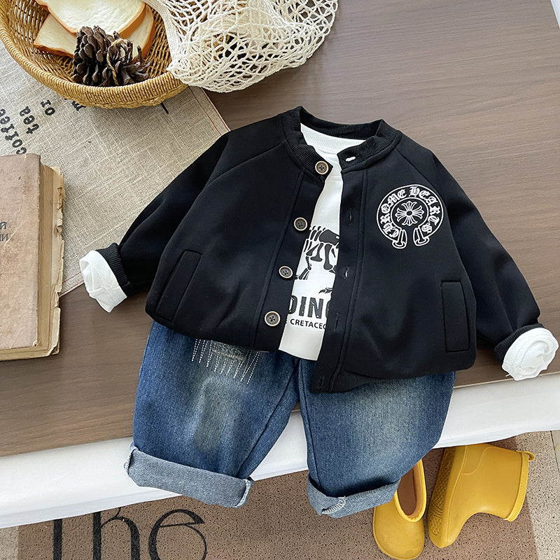 Boys' Spring and Autumn Outfit 2026 New Stylish Baby 1-3 Years Old 5 Knit Cardigan Infant Children's Three-Piece Set Toddler Fashion