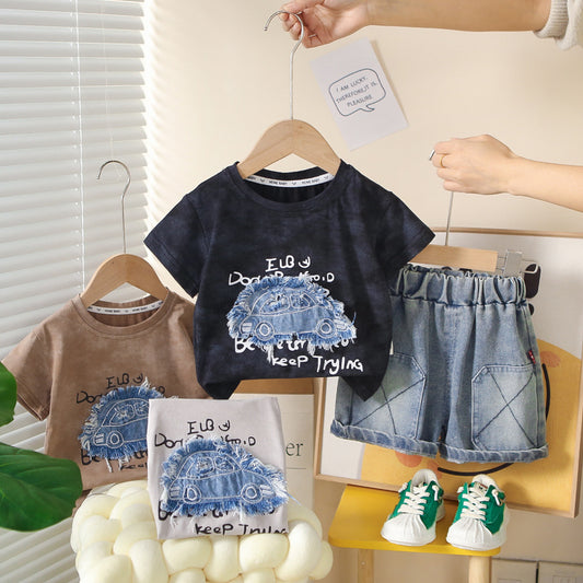 Boys' Outfit 2026 New Model: Toddler Patchwork Car Short-Sleeve Children's Clothing Baby Summer Two-Piece Set