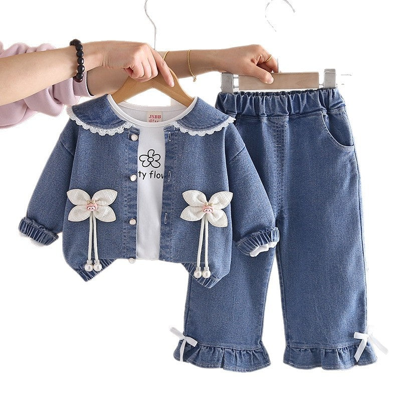 Girls' Outfit and Autumn 2026 New Fashionable Casual Denim Three-Piece Set Children Stylish Spring Clothes for Babies