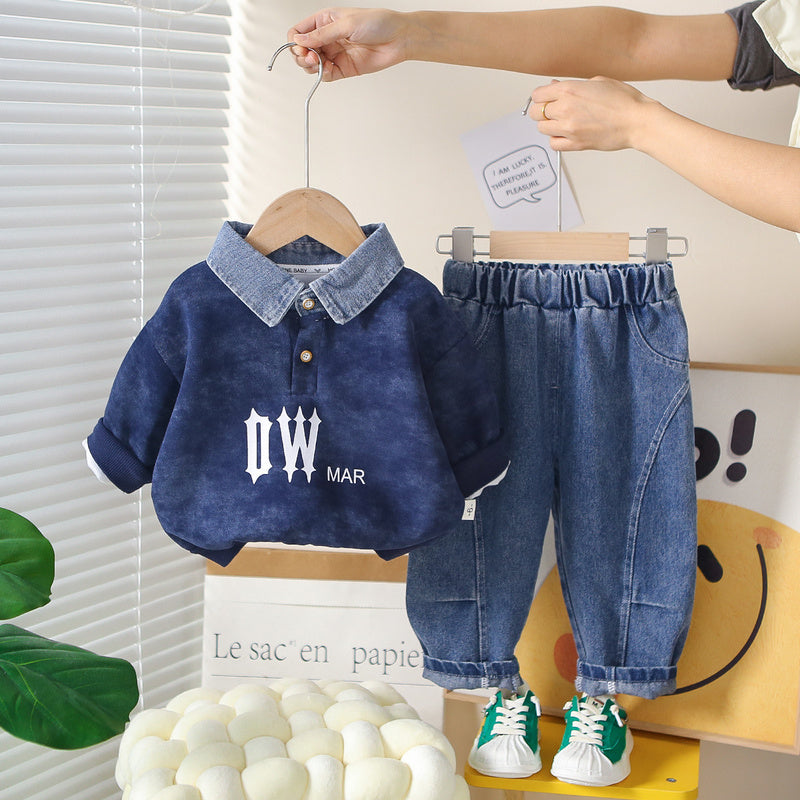 Boys' Spring and 2026 New Set: Children's Korean-style Denim Collar Sweatshirt, Baby's Autumn Two-piece Casual Outfit