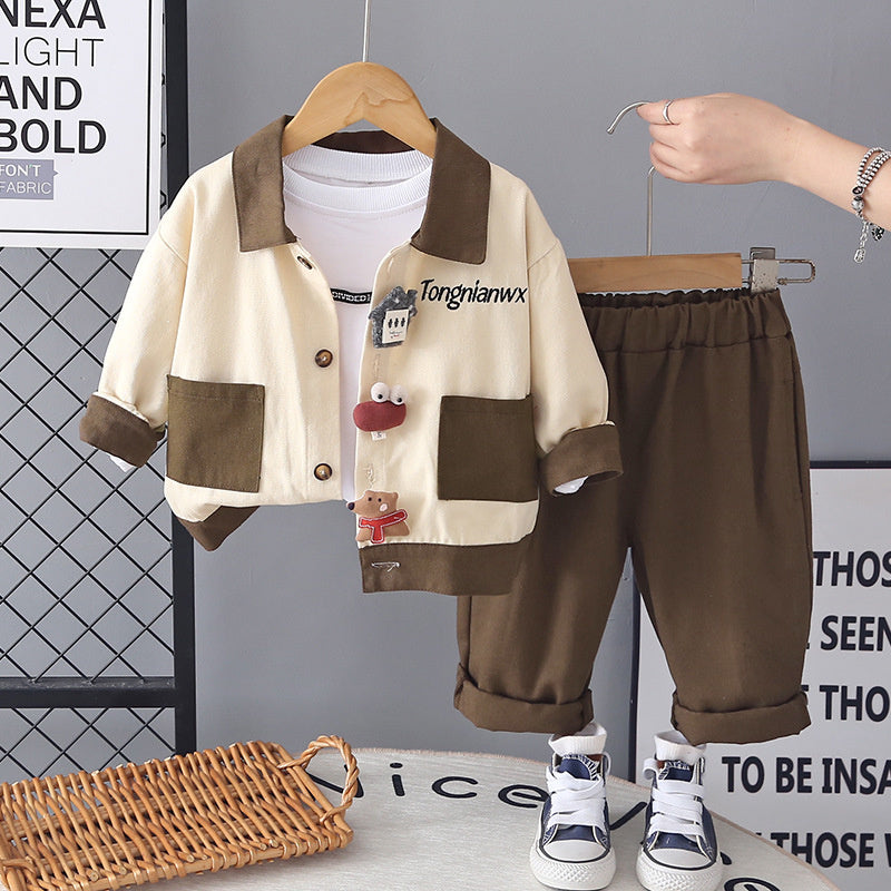 Boys' Color-Block Outfit, Children's 2026 Fashionable Baby New Three-Piece Set, Spring and Autumn Cartoon Jacket with Long Sleeves