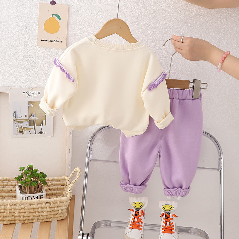Children's Spring Autumn Bowknot Long-Sleeve Sweatshirt Baby Outfit, Stylish and Casual Two-Piece Set with Long Pants for Girls