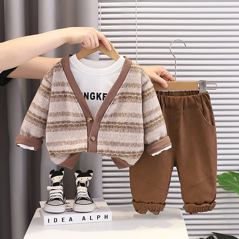 Boys' Suit Spring and Autumn 2026 New Fashionable Long-Sleeve Striped Cardigan Sweater Three-Piece Set Baby Clothes