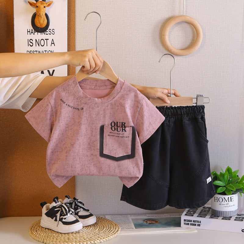 Boys' and girls' pocket short-sleeve T-shirt casual set 2026 summer new children's fashionable two-piece outfit