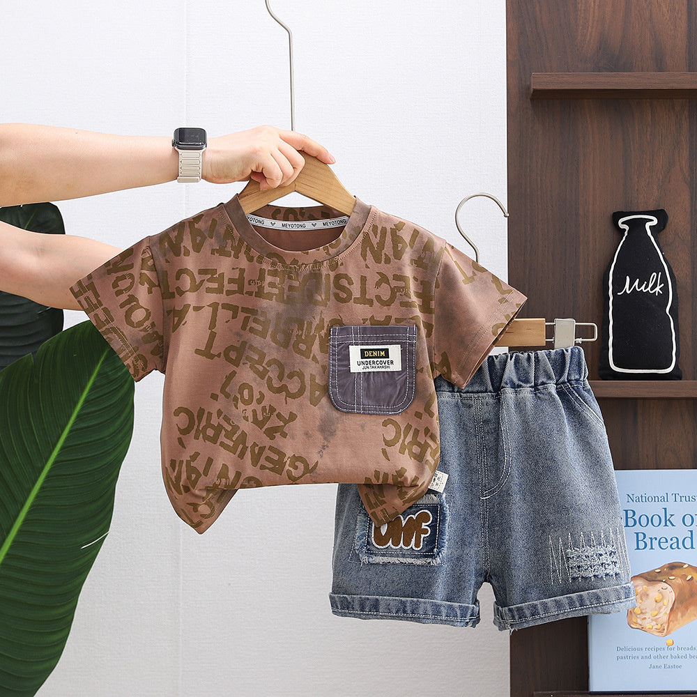 Boys' 2026 New Set: Infant and Toddler Pocket Short-Sleeve Casual Two-Piece Outfit Baby Summer Clothes