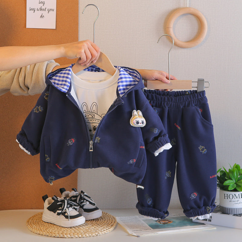 Boys' and Autumn Outfit 2026 New Children's Spring Hooded Cartoon Three-Piece Set Casual Clothes for Boys
