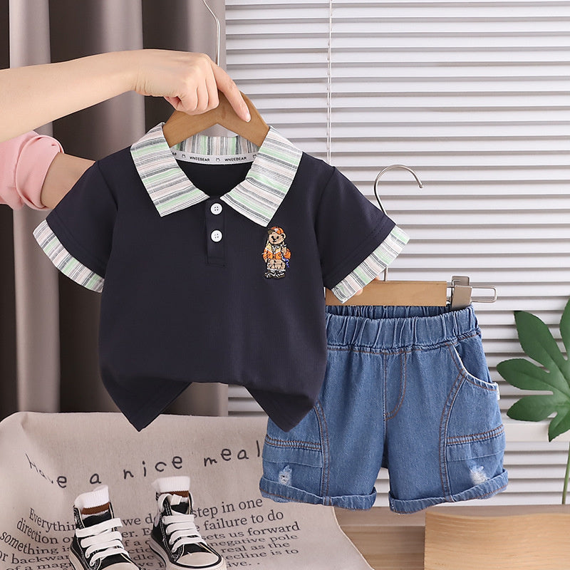 Children's Summer Clothing 2026 New Model Baby Embroidered Cartoon Bear Short Sleeve Two-Piece Set Trendy