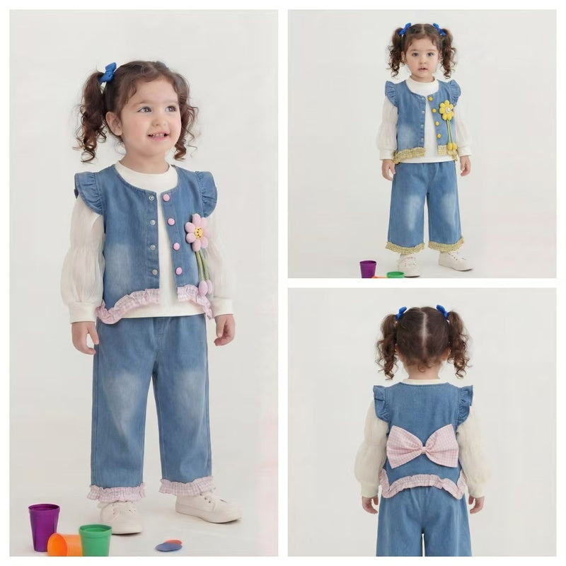 Girls' Outfit Set, Children's Floral Denim Clothes, Fashionable 1-2-3 Year Old Baby Spring and Autumn Three-Piece Set