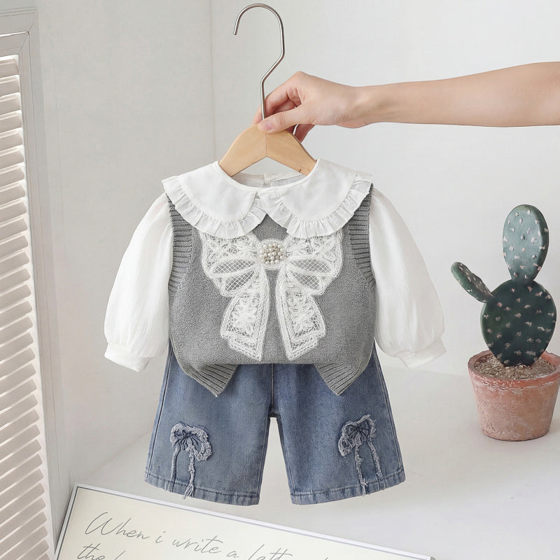 Girls' Outfit: Three-piece Set with Big Bow Sweater, Stylish Fashionable Children's Clothing Spring and Autumn, for 1-year-old baby girls