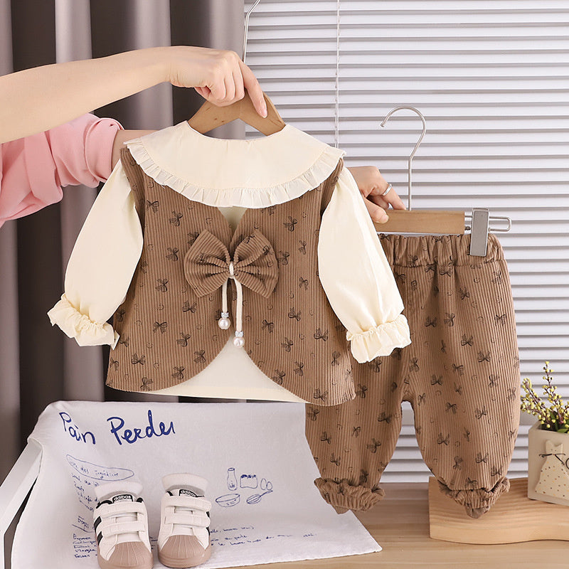 Girls' Outfit 2026 New Fashionable Children's Spring and Autumn Corduroy Bow Three-Piece Set for Girls