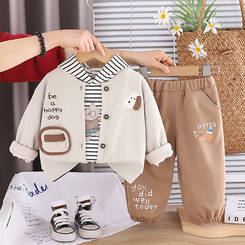 Boys' outfit set, stylish baby boy spring and autumn fashion trendy infant children's clothing striped puppy cardigan three-piece set