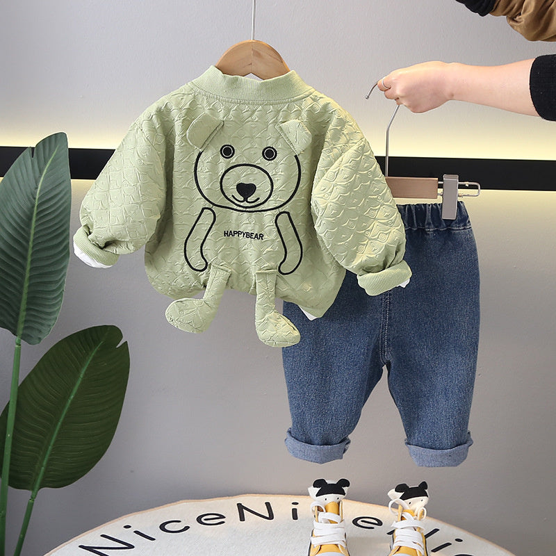 New Spring and Autumn Fish Scale Pattern 3D Bear Long Sleeve Boys, Fashionable Casual Three-Piece Set for Spring, Direct from Manufacturer