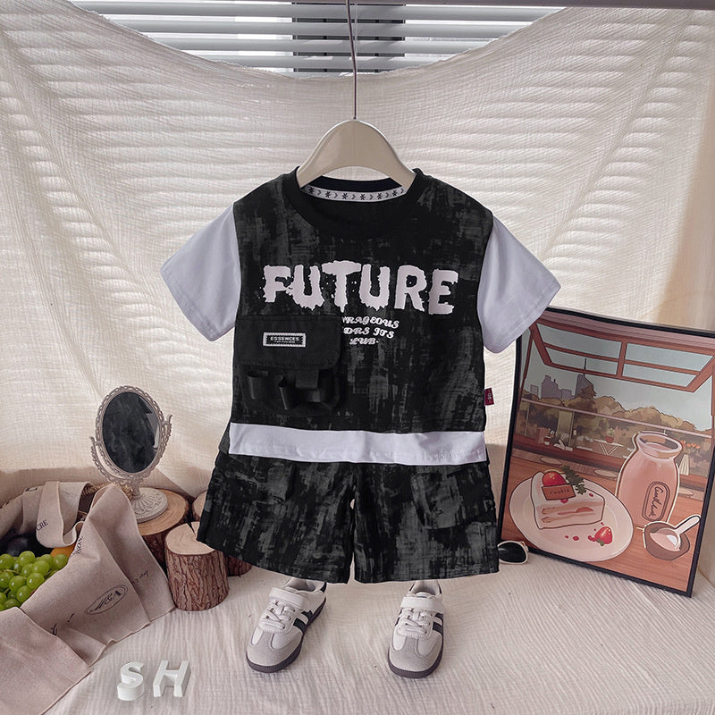 Baby clothes summer children's two-piece outfit stylish camouflage pocket cargo short-sleeve set for one-year-old boy