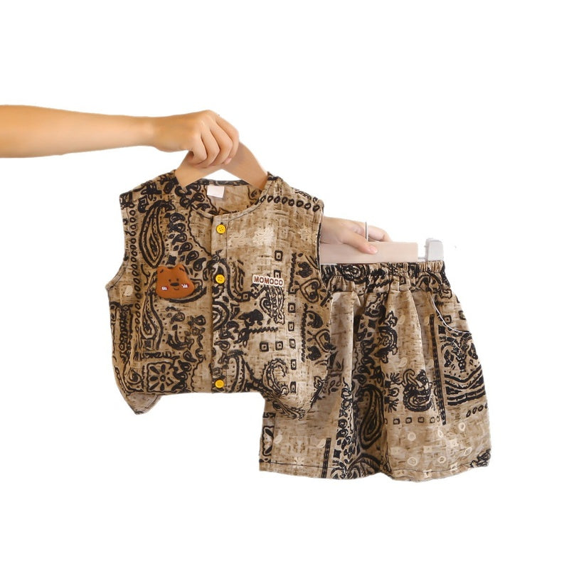 Boys' Outfit 2026 New Fashionable Bear Head Sleeveless Two-Piece Set Boys, Stylish Summer Clothes for Baby Boys