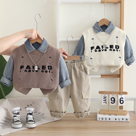 2025 Spring and Autumn Boys' Fashionable Denim Shirt, Long-Sleeve Letter Sweater, Vest, Casual Cargo Pants Three-Piece Set Wholesale
