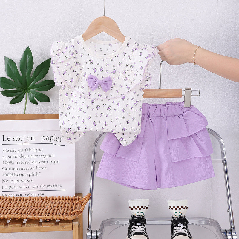Cross-border children's clothing new style for girls, baby summer outfit with full floral print, bow tie, large collar, short-sleeved two-piece set, trendy