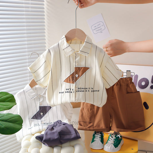 Boys' Outfit 2026 New Model 1-3 Year Olds, Summer Style for Toddlers, English Striped Short Sleeve Shirt Two-Piece Set