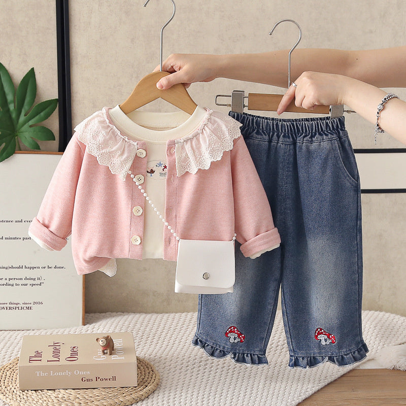 2026 Spring New Korean Style Outfit Girls, Autumn Fashion Three-Piece Set with Ruffle Collar and Mushroom Design for Toddlers
