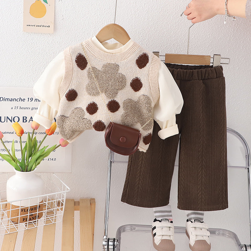 Clothes Stylish Sweet Bag Three-Piece Set One-Year-Old Baby Girl Fashionable Versatile Spring and Autumn Outfit