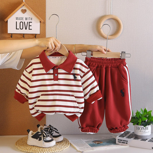 Boys' Outfit, Stylish New 2026 Striped Polo Shirt Two-Piece Set, Cool Long-Sleeve Spring and Autumn Fashion