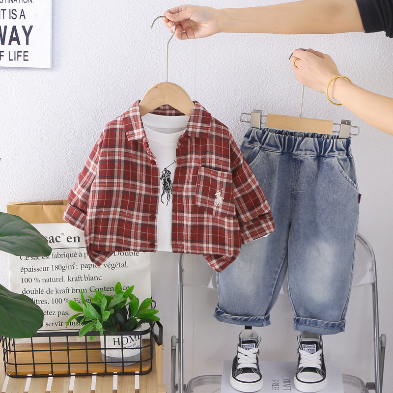 Korean-style clothing, children's outfit, boys' clothes, 2026 new model, baby boy's spring and autumn plaid shirt set, trendy