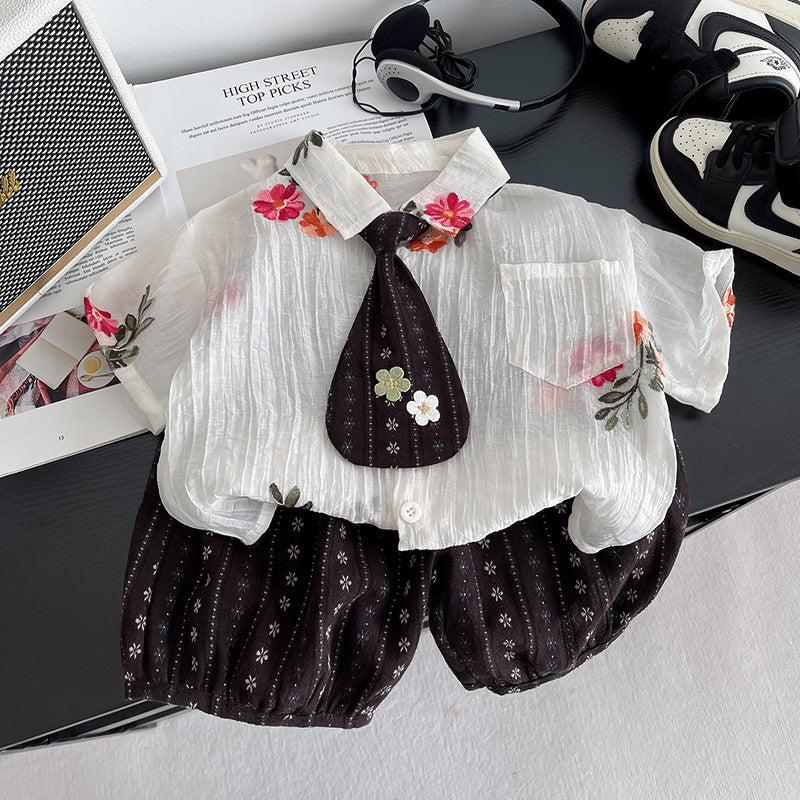 Boys' Outfit with Two Small Flower Ties Shirt Set 2026 New Short Sleeve 1-3 Year Old Baby Summer Clothes Trendy