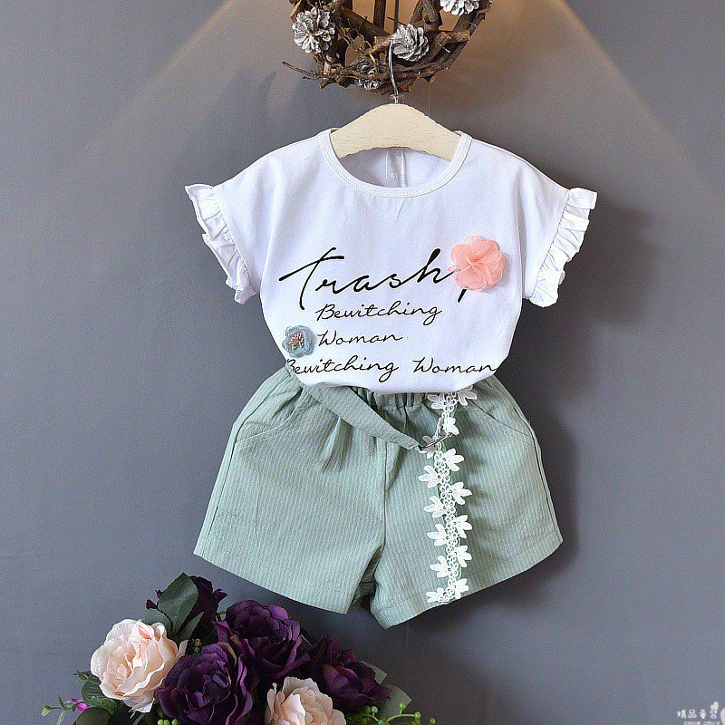 2024 New Summer Children's Clothing Set: Short-Sleeve Floral Letter T-Shirt + Shorts Two-Piece Casual Outfit for Girls