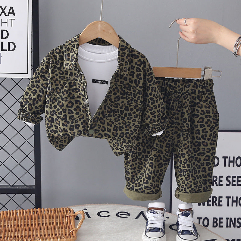 Baby Boy Spring and Autumn Outfit 2026 New Fashionable Toddler Korean Style Casual Leopard Print Long Sleeve Three-Piece Set