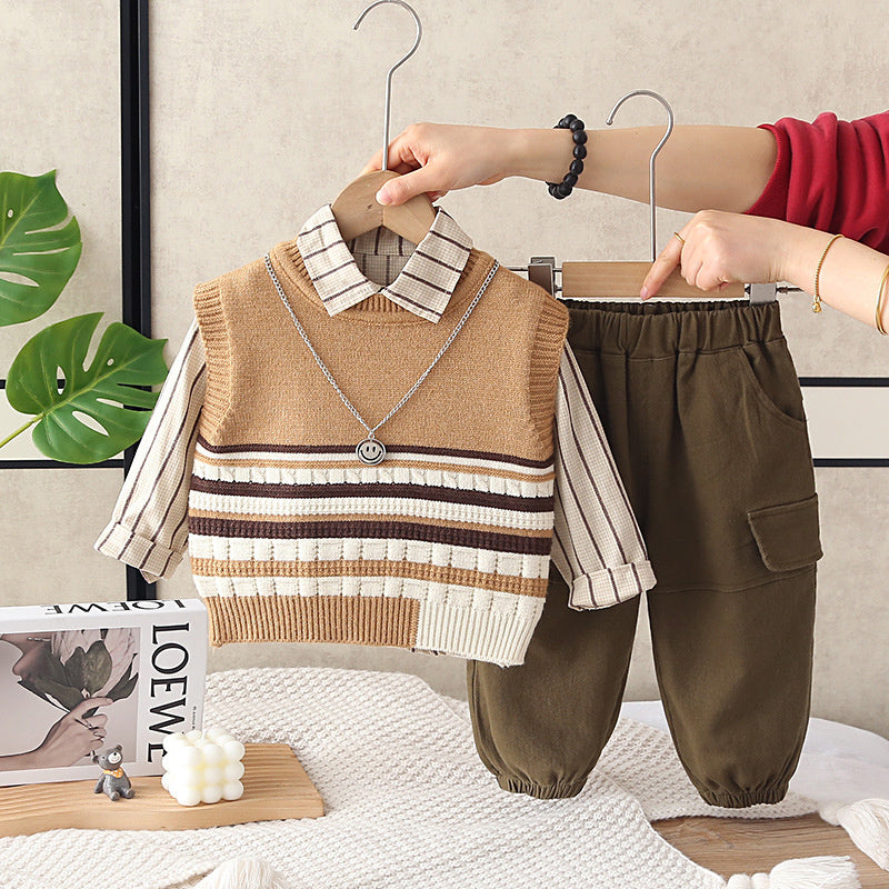 Boys' outfit stylish baby striped color-block sweater three-piece set, infant children's spring and autumn trendy clothing