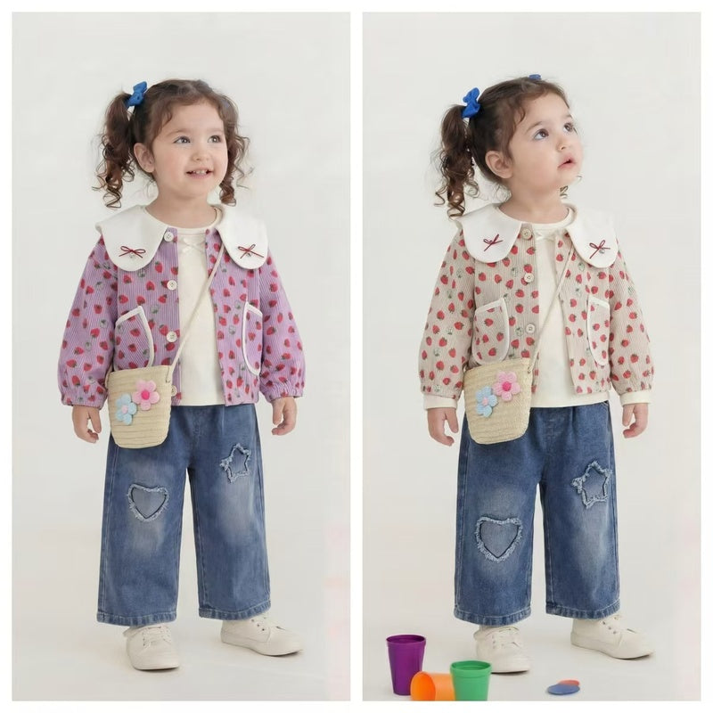 Girls' Spring Outfit Fashionable Stylish Children's Girl Clothes 1-3 Years Old Baby Strawberry Doll Collar Three-Piece Set Trendy