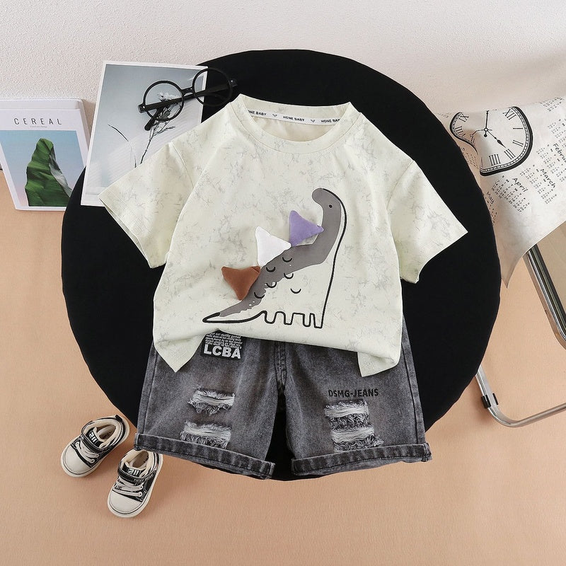 Boys' 2026 Summer Outfit New Fashionable Baby Children's Triangular Dinosaur Short Sleeve Cartoon Two-Piece Set Trendy