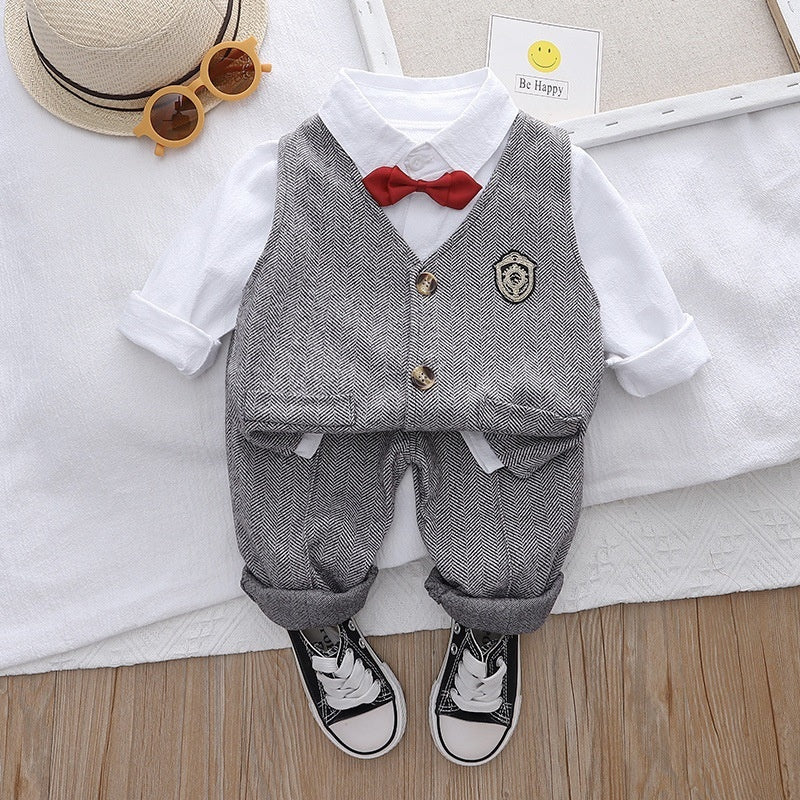 Small Medium Boys Spring and Autumn Korean Version Handsome Baby Plaid Vest Shirt Three-Piece Suit Long Sleeve Set Manufacturer Wholesale
