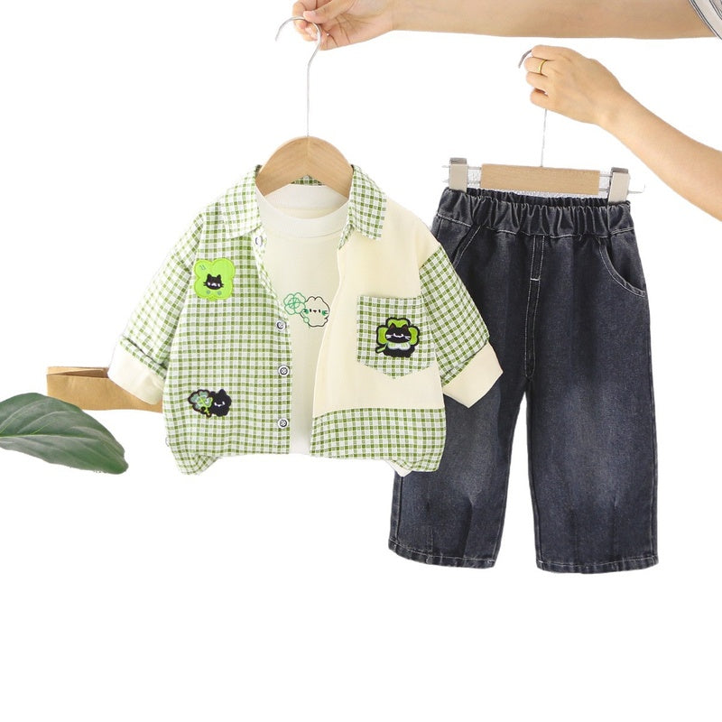 Children's Autumn Outfit Set: Boys' Plaid Patchwork Three-Piece Set, Stylish Long-Sleeve Shirt for Little Kids