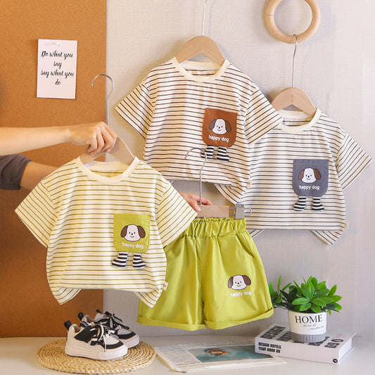 Boys' Outfit 2026 New Fashionable Striped Puppy Two-Piece Set Baby Summer Short Sleeve Shorts Infant Toddler