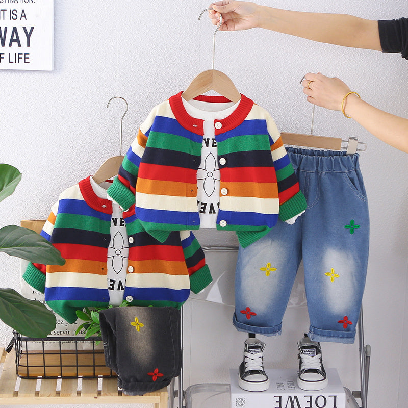 Boys' Spring Outfit 2026 New Fashionable Baby Spring/Autumn Stylish Rainbow Sweater Cardigan Three-Piece Trendy Set