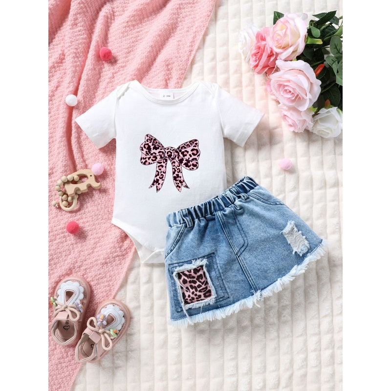 Summer Clothing European and American Style Girls' Infant Baby Printed Short-Sleeve Romper Denim Skirt Children's Set