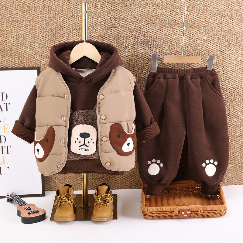 Baby Fleece-Lined 2 Children's Clothing Autumn Toddler Outfit Infant 1-Year-Old Boy Winter Bear Head Three-Piece Set
