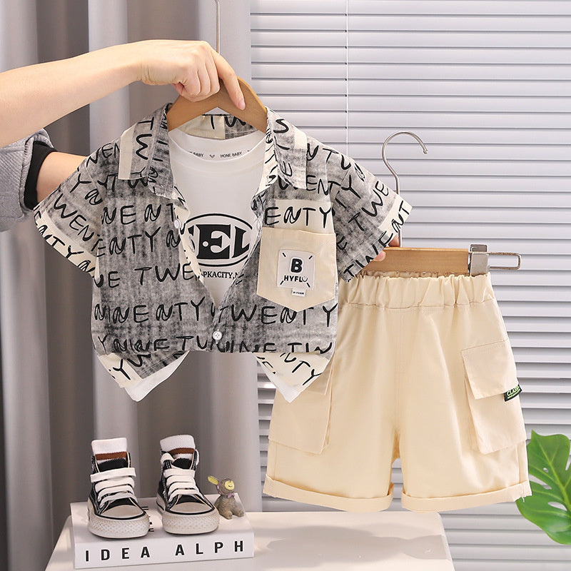 Boys' Outfit 2026 New Fashionable Toddler Summer Pocket Letter Shirt Short Sleeve Lightweight Clothing
