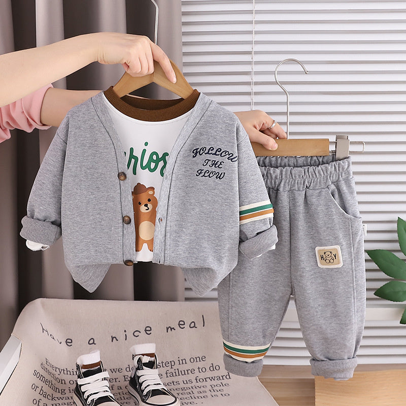 Boys' Outfit Stylish 2026 New Baby Children's Spring and Autumn Long Sleeve Korean Version Bear Cardigan Three-Piece Set Trendy