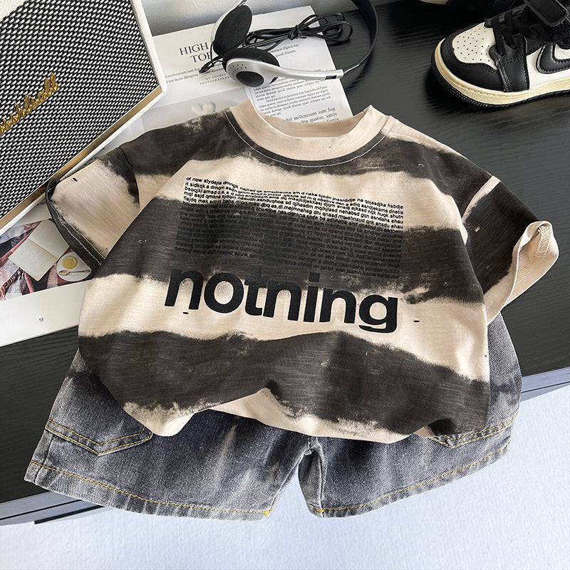 Boys' wide-striped short-sleeve set with small letters, 2026 new model, baby clothing, infant children's wear, summer thin trendy clothes