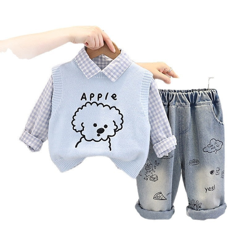 Children's and Autumn Outfit 2026 New Model Boys' Puppy Vest Clothes Baby Casual Spring Three-Piece Set