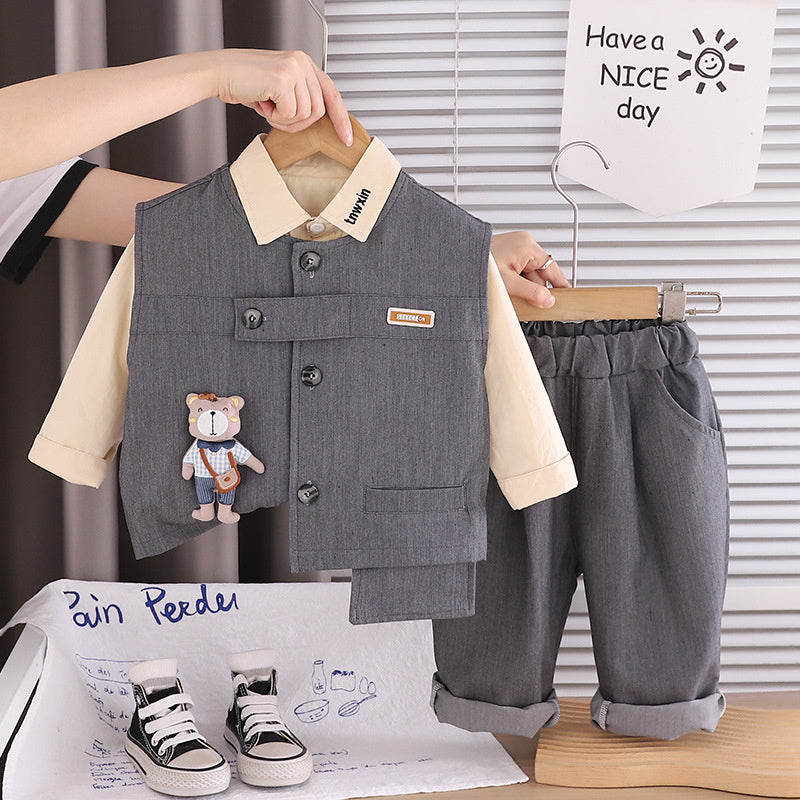 Boys' Stylish Fashion 2026 New Spring and Autumn Long-Sleeve Bear Vest Three-Piece Set for Children Casual Trendy Outfit
