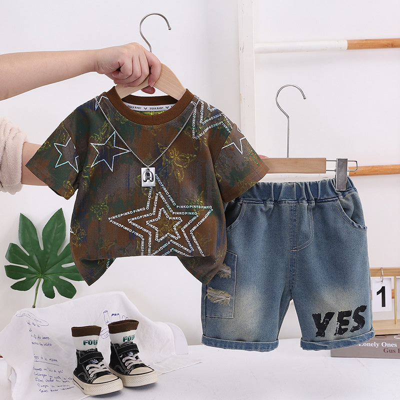 Boys' Summer 2026 New Chain Star Round Neck Short Sleeve Two-Piece Set, Stylish and Fashionable Children's Clothing