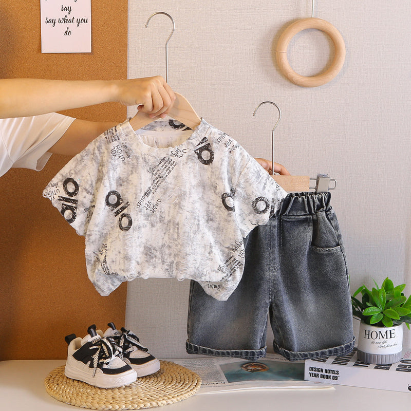 Boys' Letter Print Short Sleeve 2026 New Children's Summer Outfit Stylish Baby Korean Version Two-Piece Set Trendy