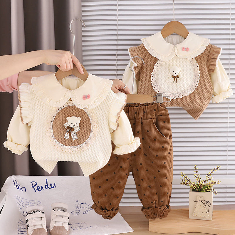 Girls' Spring Outfit 2026 New Style Set: Stylish Spring-Autumn Lace Bear Sweater Three-Piece Set for Little Girls and Children