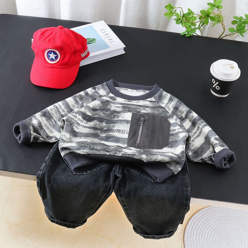 Boys' Outfit 2026 New Children's Spring and Autumn Tie-Dye Striped Sweatshirt Two-Piece Set Baby Korean Style Trendy Clothes
