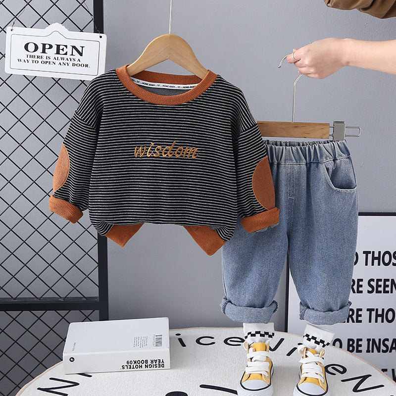 Boys' Stylish New 2025 Baby Spring Outfit Children's Clothing Striped Embroidered English Two-Piece Set