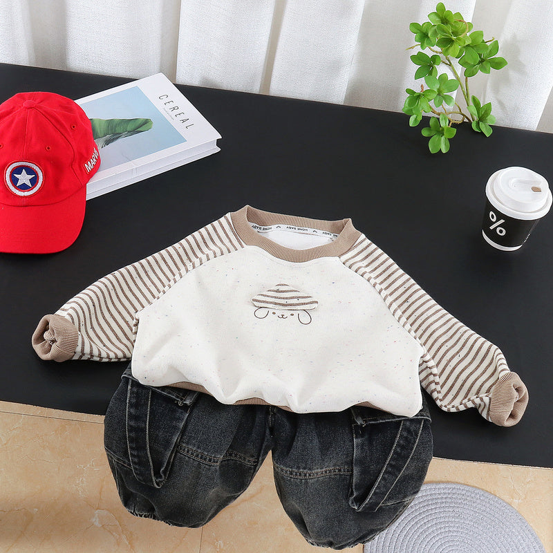 Boys' spring and autumn outfit 2026 new model children's long-sleeve striped hat dog hoodie two-piece set stylish baby fashion
