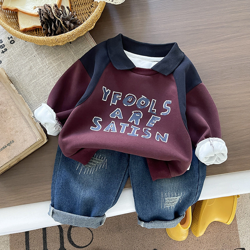 Boys' and Autumn Letter Collar Sweatshirt Set 2026 New Children's Spring Sportswear Fashionable Korean Style for Babies