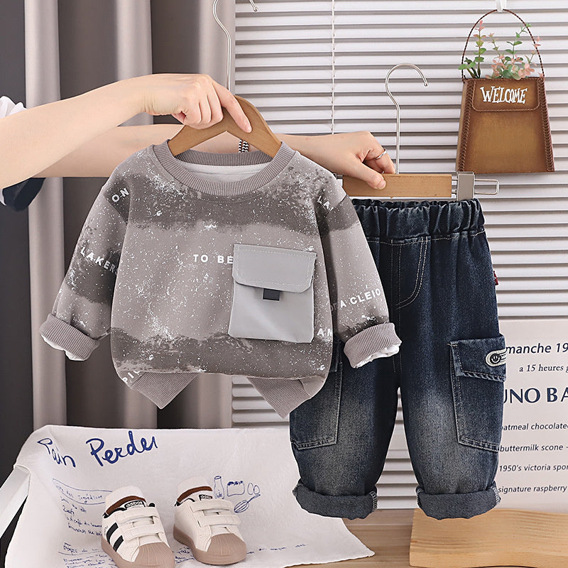 Boys' Spring and Autumn Outfit 2026 New Fashionable Tie-Dye Large Pocket Sweatshirt Korean Style Casual Two-Piece Set